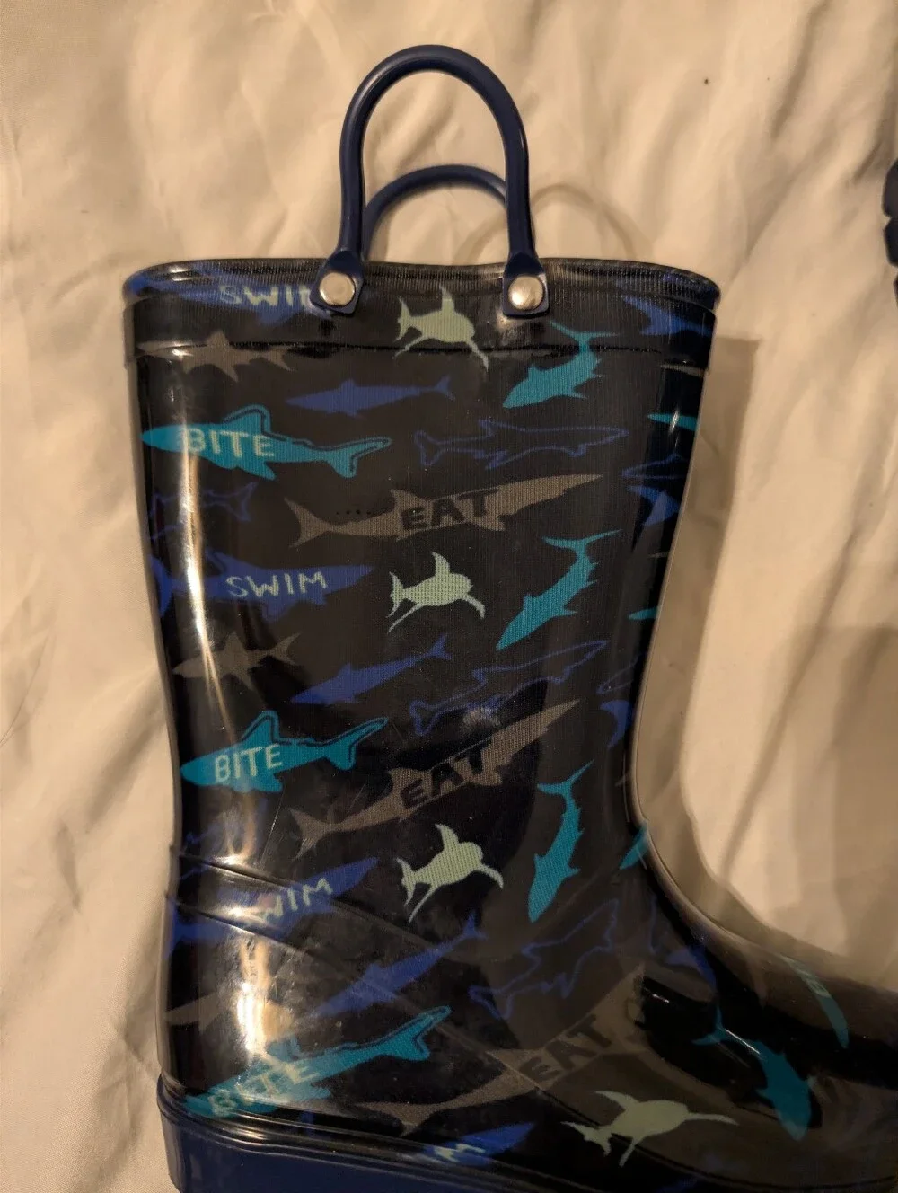 Kids Navy Shark Rain Boots with Handles Toddler Size 10